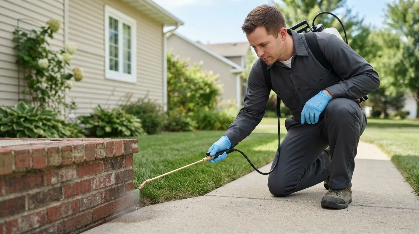 Pest control technician treating a home near Cambridge, IA
