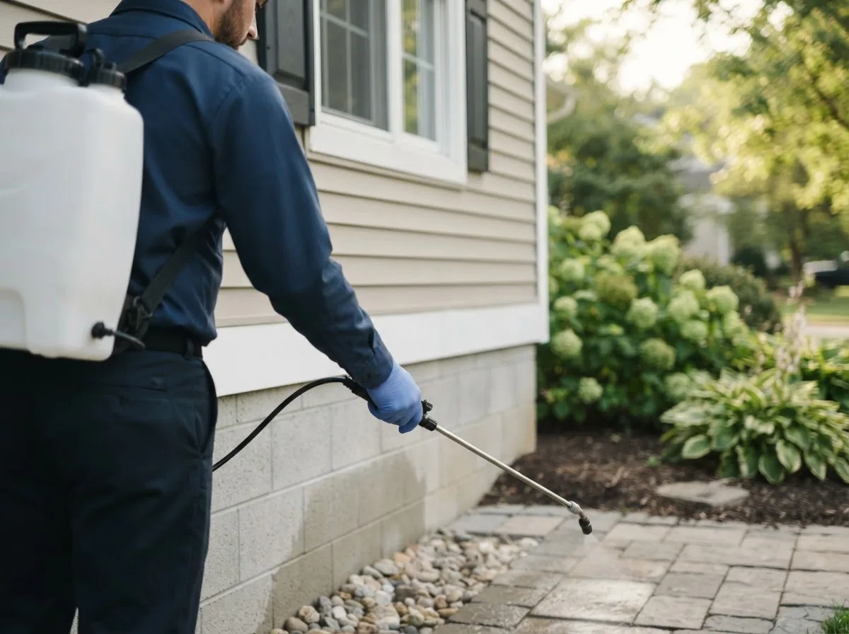 Pest control technician inspecting a home in Cambridge, IA